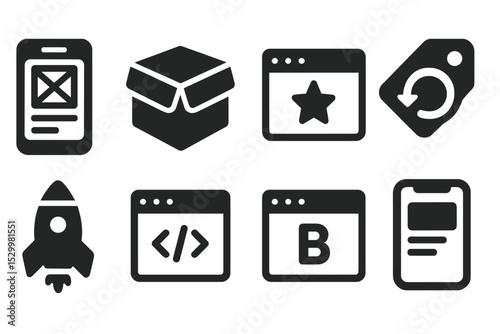 Solid Style Product Icons. Solid style icons of product design and dev: prototype screen, product box, feature icon, iteration tag