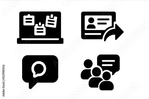 Social Icon Set. Solid style icons of social project functions: community board, shared post, comment tag, team chat. Solid style