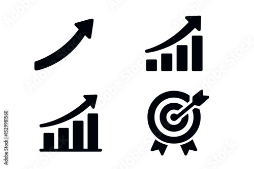 Business Growth Icons. Solid style icons of business growth: upward arrow, success curve, performance chart, results badge. Solid