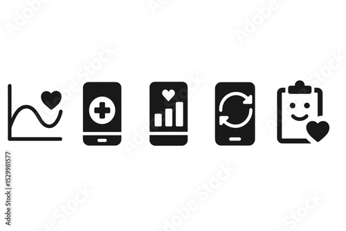 Healthy Tech Use Icons. Solid style icons of healthy tech use: usage curve with heart icon, focus app with health symbol, mobile