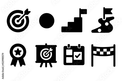 Goal-Driven Icons. Solid style icons of goal-driven innovation: target icon, milestone dot, steps ladder, progress path. Solid