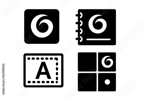 Innovative Branding Icons. Solid style icons of branding for innovation: logo icon, brand guide, type label, identity panel. Solid