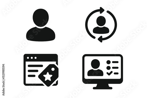 User-Centered Innovation Icons. Solid style icons of user-centered innovation: user icon, feedback loop, behavior tab,