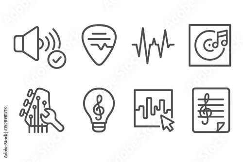 Music Iconography. Line style icons of music and instruments: sound check, acoustic signature, music frequency, song cover,