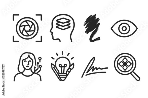 Line Art Creativity Icons. Line style icons of creativity: creative focus lens, layered thought, wild brushstroke, open vision,