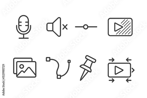 Video Editing Icons. Line style icons of video editing: voiceover record icon, track mute icon, opacity slider, video fade