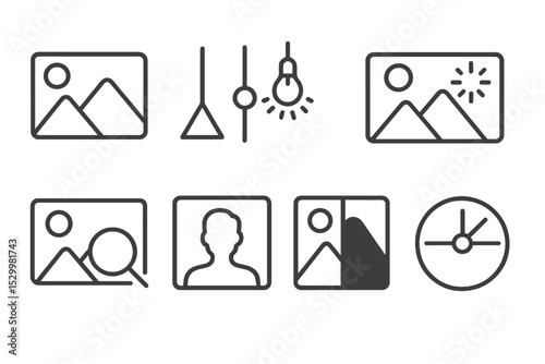 Photo Filter Line Icons. Line style icons of photo filters: HDR merge icon, black point adjust, white balance tool, auto-enhance