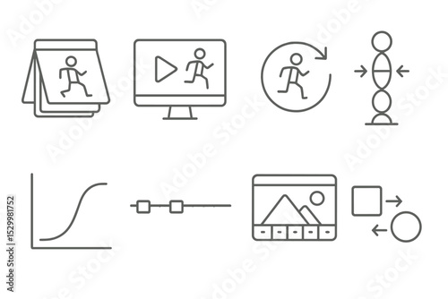 Animation Tools Icons. Line style icons of animation: flipbook frames, animation preview icon, reverse animation, morphing tool,
