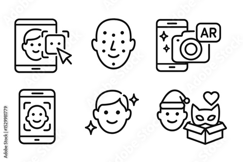 AR Line Style Icons. Line style icons of AR effects: real-time AR editing, facial point tracker, effect render preview, camera AR