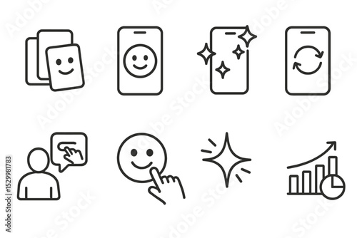 AR Effects Icons. Line style icons of AR effects: layered AR filters, selfie mood icon, spark overlay AR, AR lens flip, real-time