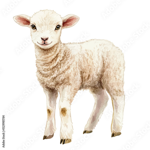 Fluffy Baby Lamb Field, watercolor drawing vector, isolated on a white background.