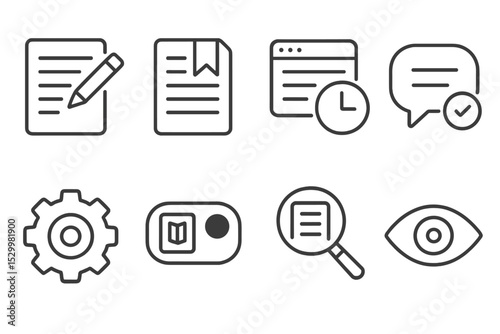 Blog Icons Set. Line style icons of blogs: author notes icon, save draft icon, scheduled posts tab, comment moderation icon, blog