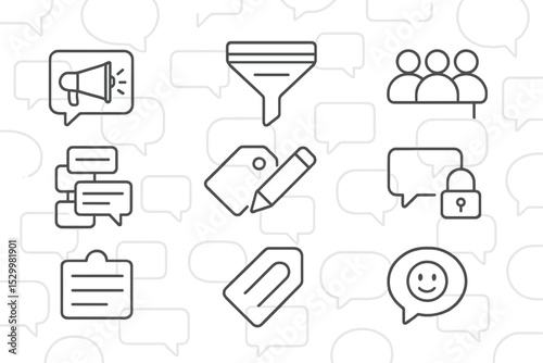 Forum Icons Collection. Line style icons of forums: forum announcement icon, category filter bar, group icon for subforum, reply
