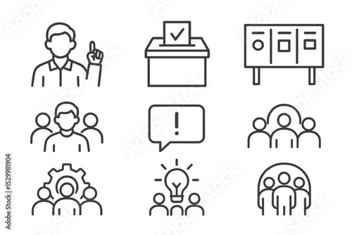 Community Icons Collection. Line style icons of communities: local leader icon, suggestion box, member directory icon, shared