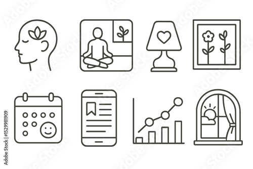 Mindful Lifestyle Icons. Line style icons of lifestyle: mindful content icon, quiet environment, hygge mood lamp, calming
