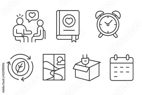 Line Style Lifestyle Icons. Line style icons of lifestyle: lifestyle coaching icon, affirmations journal, soft lighting lamp,