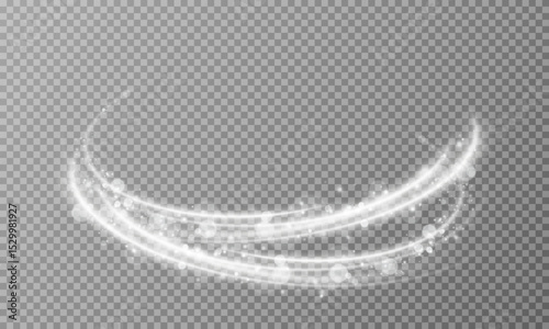 White magic spiral swirl line with dust. Glowing white lines. Luminous glowing effect. Light trace of a wave.