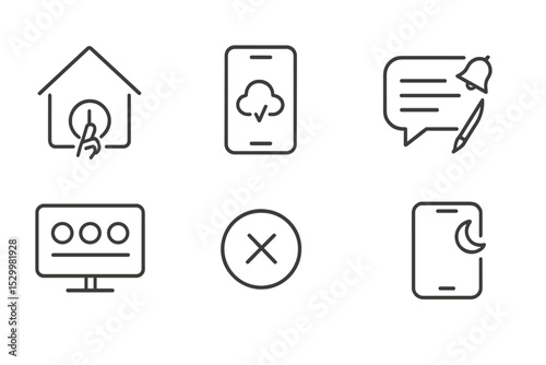 Minimalist Line Icons. Line style icons of minimalism: quiet home icon, digital lightness, one-line note, minimized notifications,