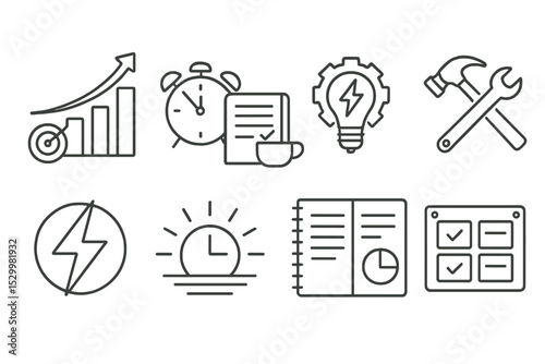 Productivity Icons Set. Line style icons of productivity: goal streak chart, morning planning ritual, smart effort icon, effective