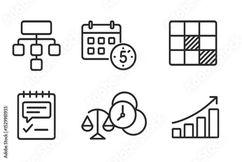 Productivity Line Icons. Line style icons of productivity: structured outline, milestone countdown, task heatmap, deep work zone,