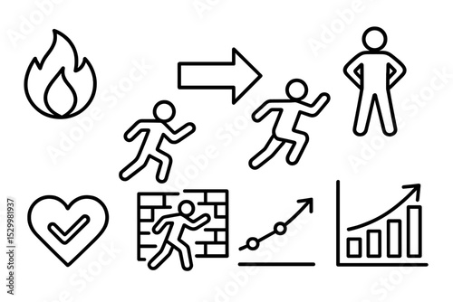 Motivation Line Icons. Line style icons of motivation: fire icon, push forward symbol, leap forward icon, confidence stance,