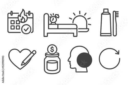 Line Icons of Habits. Line style icons of habits: goal tracking streak, bedtime alarm icon, wake-up light, daily hygiene habit,