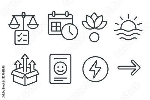 Habit Icon Set. Line style icons of habits: balanced task list, time block cue, calming trigger, digital sunset, organize habit