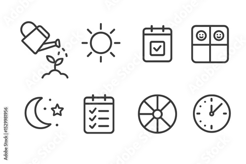 Habit Icons Collection. Line style icons of habits: plant watering, sunlight exposure, daily goal prompt, joy tracker, quiet night