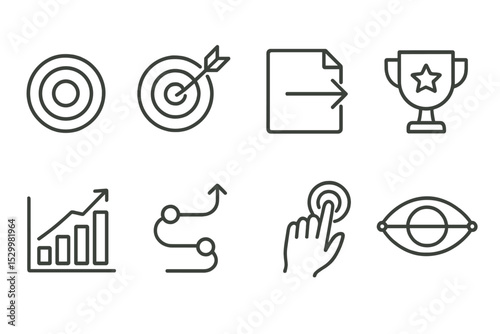 Line Style Goal Icons. Line style icons of goals: goal circle, aim focus, next goal icon, daily win symbol, result bar chart,