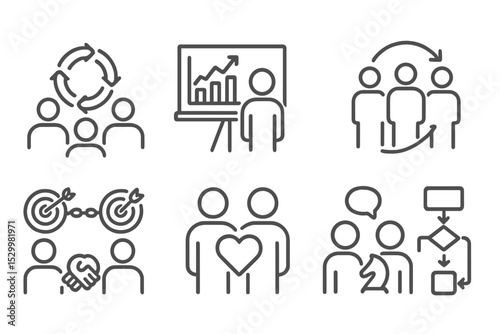 Teamwork Line Icons. Line style icons of teamwork: synergy icon, results board, daily stand-up icon, linked goals, shared values,