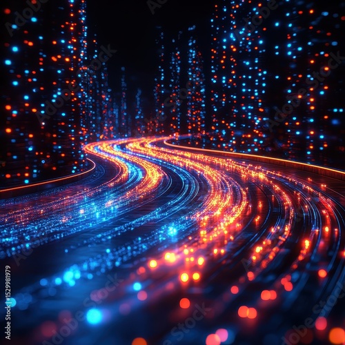 A digital highway of data flows rapidly across a futuristic road, symbolizing the agile digital transformation driven by disruptive innovation and generative AI. The fast speed transfer conveys 