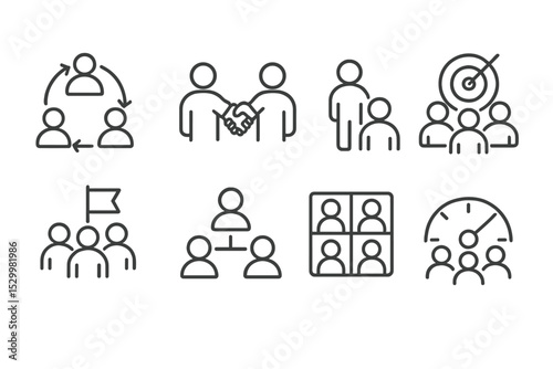 Teamwork Icons Collection. Line style icons of teamwork: unified process, partnership icon, team hub, outcome focus group, shared