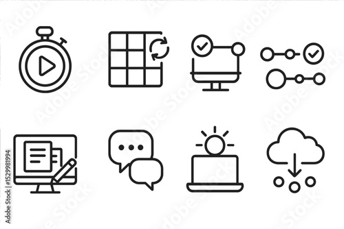 Remote Work Icons. Line style icons of remote work: digital break timer, remote sync grid, priority dashboard, aligned workflow