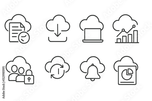 Cloud Service Icons. Line style icons of cloud services: document change log, download history icon, remote file access, usage