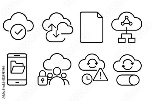 Cloud Service Icons. Line style icons of cloud services: cloud download complete, large file sync, project in cloud, cloud backup
