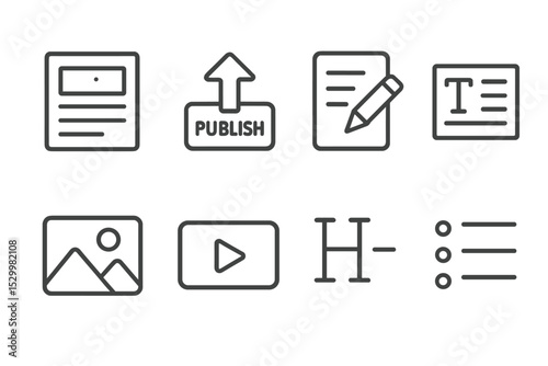 Blogging Tools Icons. Line style icons of blogging tools: blog post, publish button, draft icon, text editor, image insert, video
