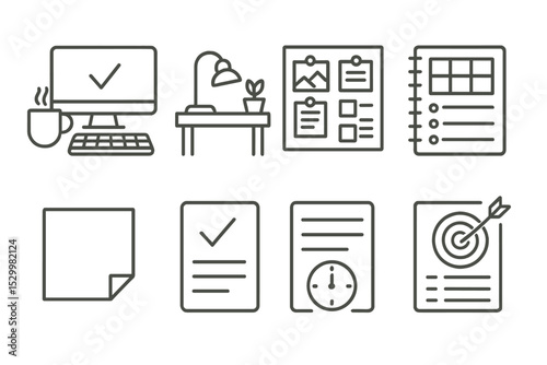 Wallpaper Mural Minimalist Lifestyle Icons. Line style icons of lifestyle themes: productivity setup, clean desk, moodboard, planner layout, Torontodigital.ca