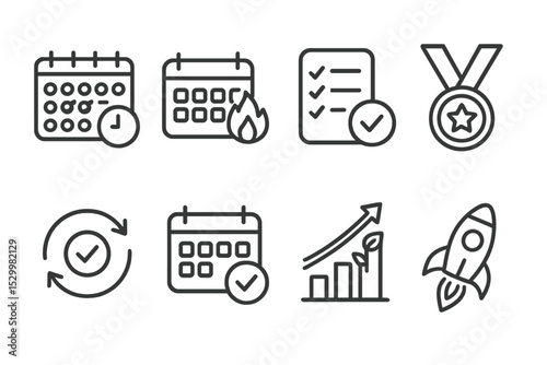 Motivation Icons Collection. Line style icons of motivation themes: visual tracker, calendar streak, daily tick, habit score,