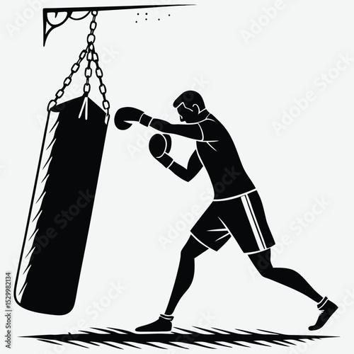 A boxer training with a punching bag in a dark gym  silhouette design vector art and illustration