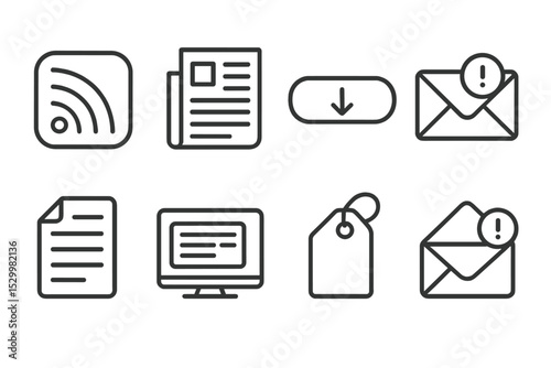Blogging Tools Icons. Line style icons of blogging tools: RSS feed, newsletter icon, subscribe button, email alert, post digest,