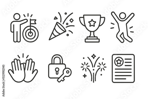 Motivation Icons. Line style icons of motivation themes: goal celebration, confetti burst, trophy icon, jump of joy, high five,