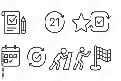 Motivation Icons Set. Line style icons of motivation themes: habit challenge, 21-day icon, reward star, task repeat, calendar icon