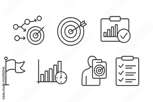 SMART Goals Icons. Line style icons of goal setting: smart goals, specific icon, measurable tracker, achievable badge, relevant