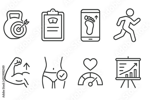 Fitness Goal Icons. Line style icons of goal setting: fitness goals, weight log, step tracker, active icon, gym session, progress