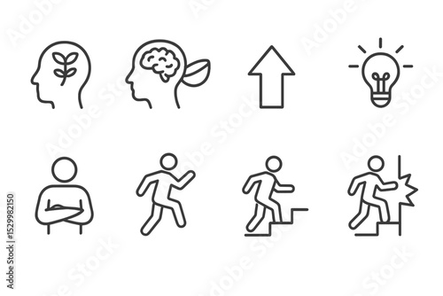 Motivation Theme Icons. Line style icons of motivation themes: growth mindset, open brain, upward arrow, lightbulb spark,