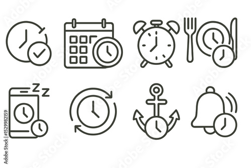 Time Management Icons. Line style icons of time management: habit time, fixed routine, wake time, meal slot, sleep tracker,
