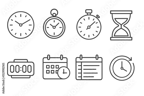 Time Management Icons. Line style icons of time management: wall clock, pocket watch, stopwatch, hourglass, digital timer,