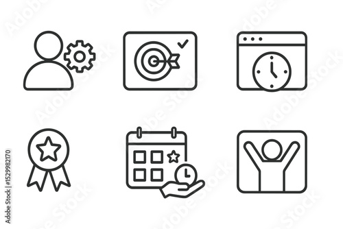 Remote Work Icons. Line style icons of remote work: self-management, goal card, daily check, time window, weekly plan, autonomy