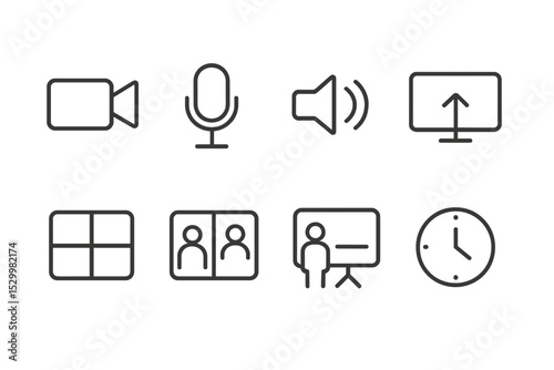 Video Conferencing Icons. Line style icons of video conferencing: camera icon, microphone icon, speaker icon, screen share, grid