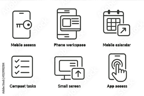Remote Work Icons. Line style icons of remote work: mobile access, phone workspace, mobile calendar, compact tasks, small screen,